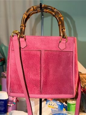 Vintage Gucci Pink Suede Top-Handle Bag with Bamboo Accent